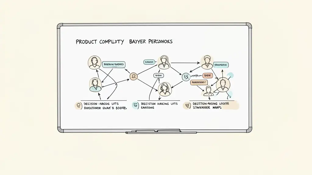 A professional workspace with a whiteboard showing a mapping of product complexity versus buyer personas, with a focus on decision-making units and stakeholder maps.