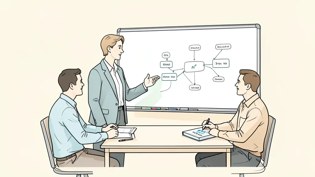 A professional workplace scene showing a sales manager leading a small team review, focusing on a whiteboard with a pipeline flowchart and a highlighted sales book on the table.