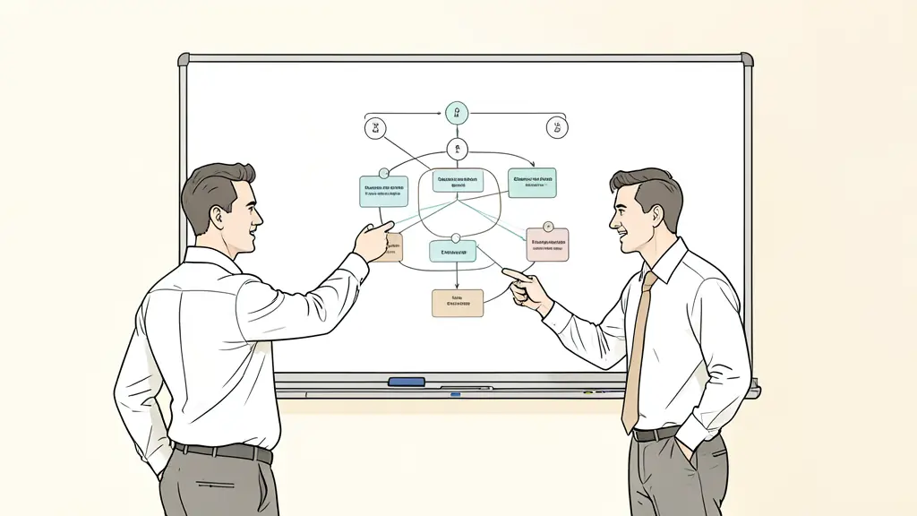 A professional office setting showing a high-resolution digital whiteboard with a complex flow-chart mapping a customer journey, with two executives pointing at a bottleneck in the process.