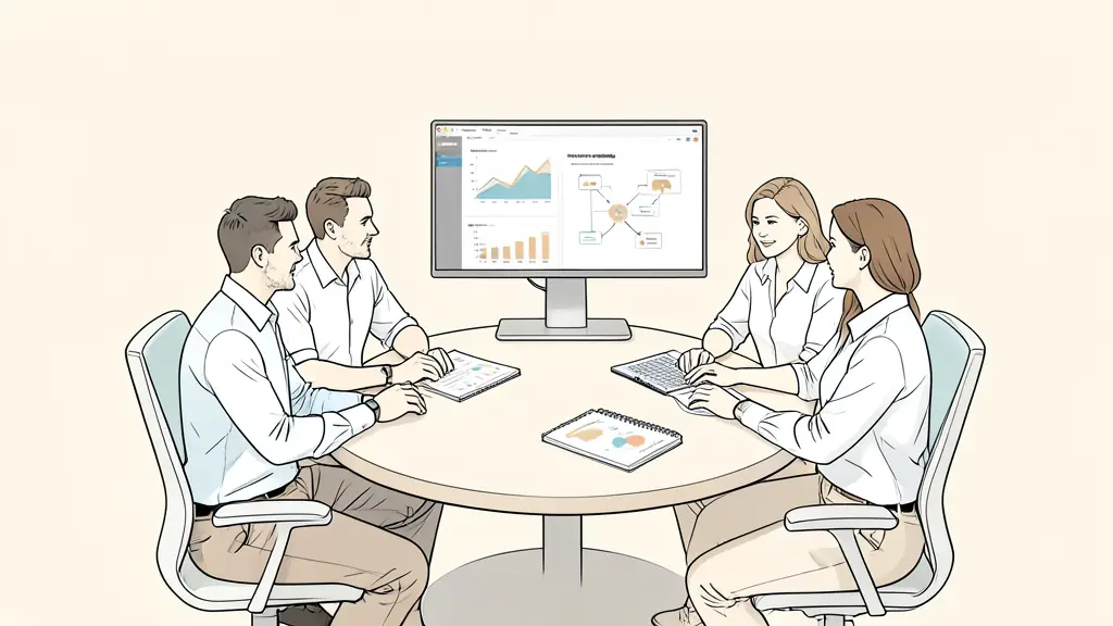 Revenue enablement team reviewing a performance dashboard around a conference table, with a coaching playbook and CRM workflow diagram visible