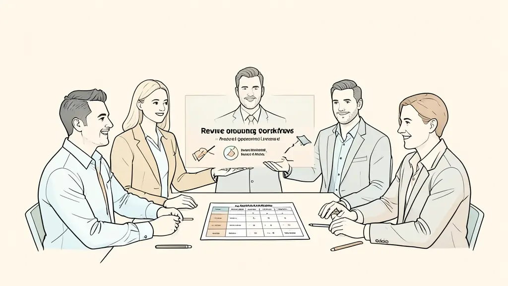 Cross-functional professional presenting a sales onboarding workflow to revenue operations and product marketing leaders, with a coaching rubric on the table