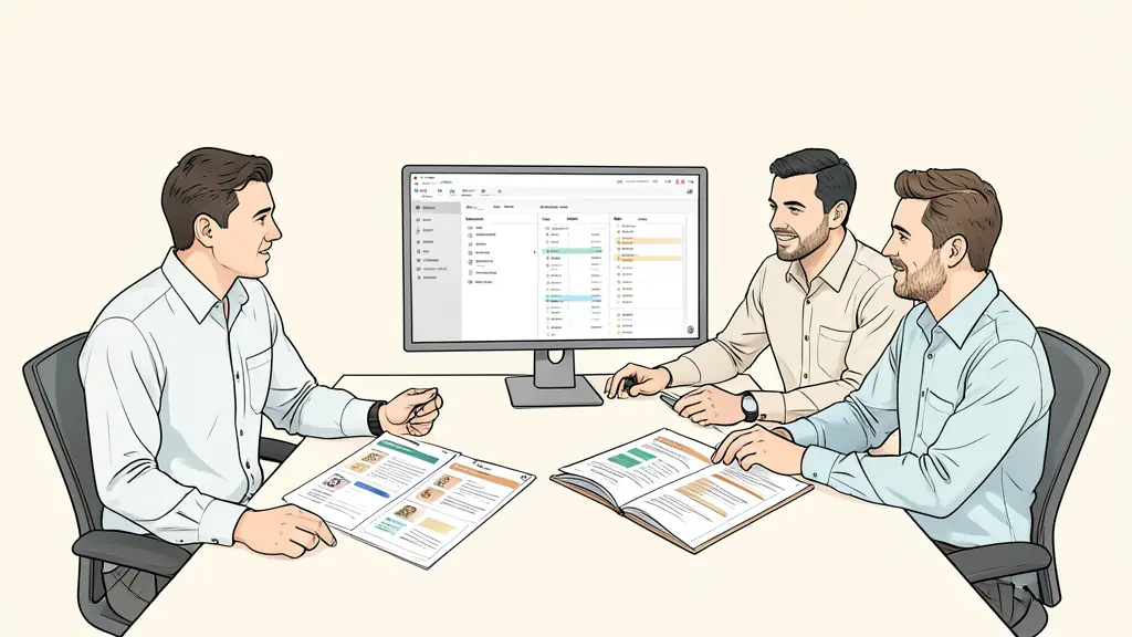 Sales enablement leader reviewing a CRM dashboard with two frontline managers, printed coaching scorecards and an open onboarding plan on the conference table