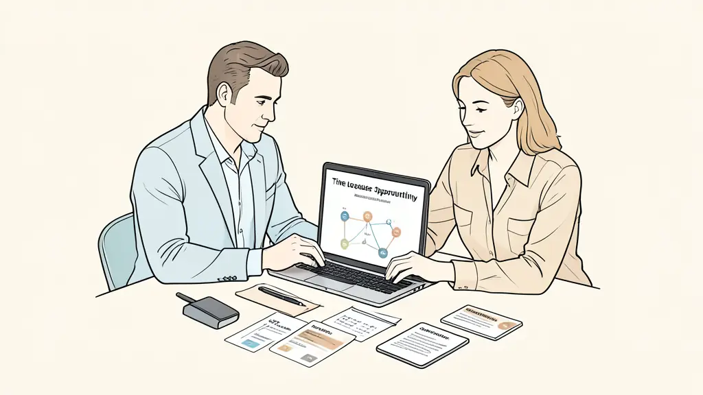 Sales leader and account executive reviewing a seven-stage opportunity map on a laptop, with discovery notes and stakeholder cards on the table