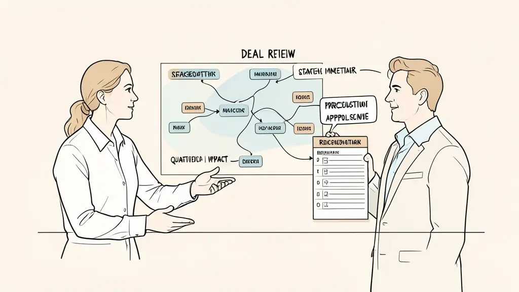 Revenue team examining a stakeholder map beside quantified impact notes and a procurement approval checklist during a deal review