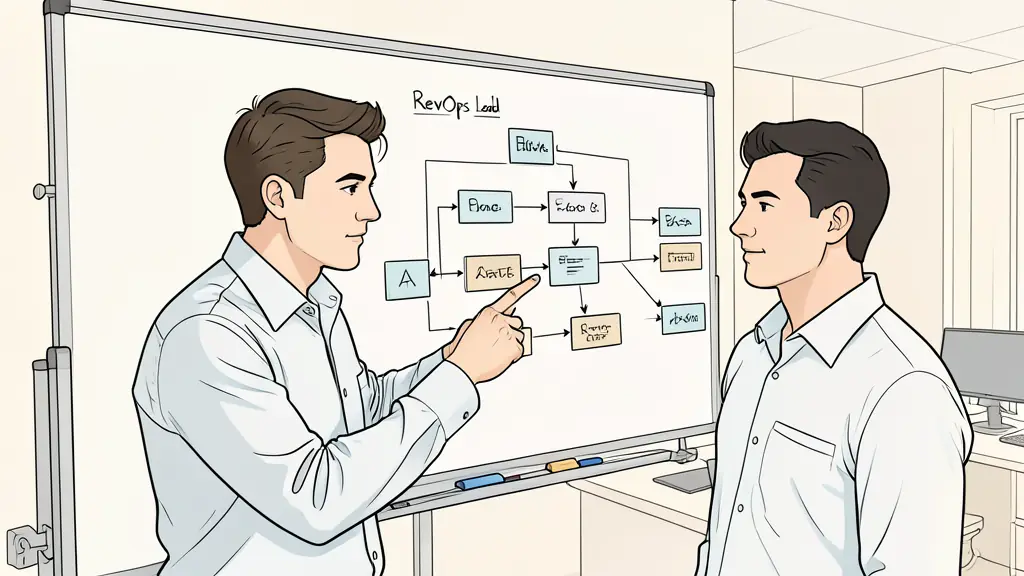 A professional RevOps lead pointing to a complex workflow diagram on a whiteboard, focusing on the connection between different software modules, corporate office setting