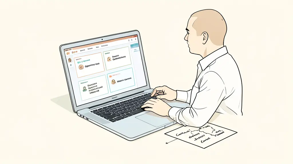 Revenue operations leader reviewing five opportunity evidence fields on a laptop, handwritten causal map beside the keyboard, CRM pipeline visible without readable text or logos