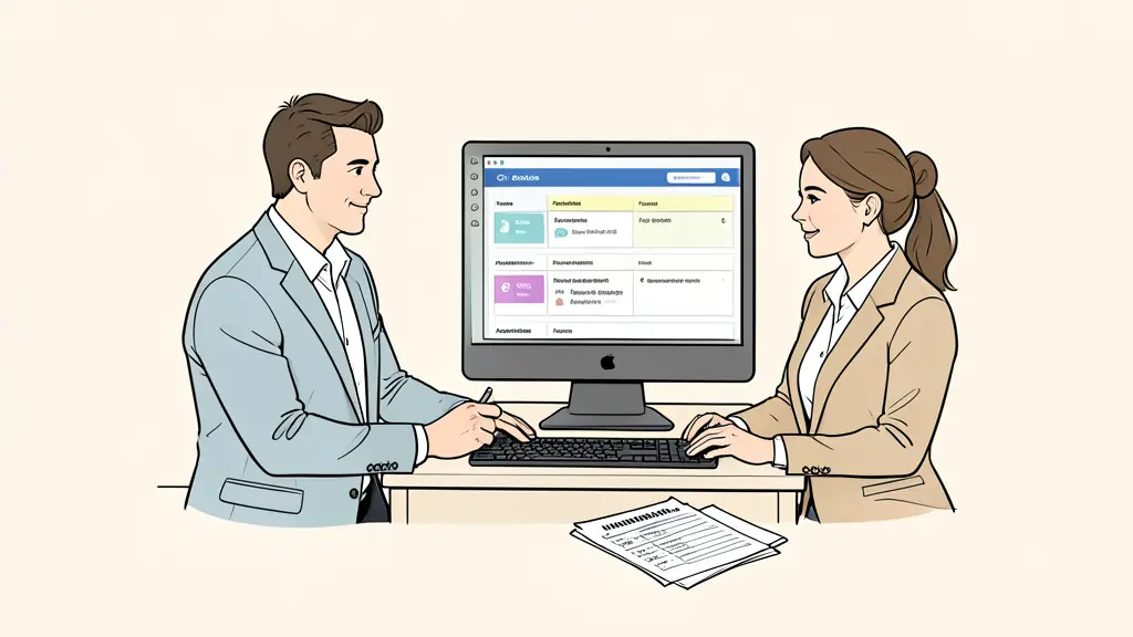 Sales manager and account executive inspecting CRM qualification fields together, opportunity stage cards on a monitor, call notes and validation checklist on the desk